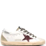 Golden Goose Super-Star With Burgundy Glitter Star And Silver Heel Tab